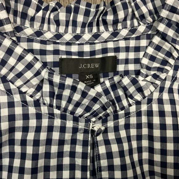 J Crew Gingham Ruffle Neck Puff Sleeve‎ Shirt Top Womens XS Navy White Preppy - Picture 3 of 6